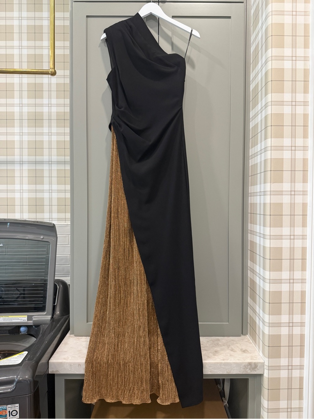 Black Halo -Black One-Shoulder Gown with Metallic Bronze Pleated Insert